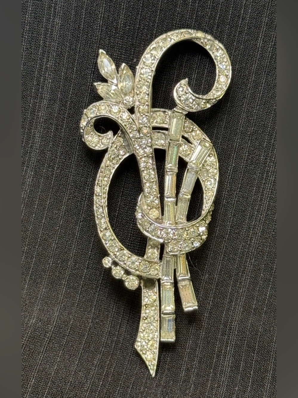 Vtg Mid Century Rhodium Clear Rhinestone Spray Brooch Baguette Marquise Stamped